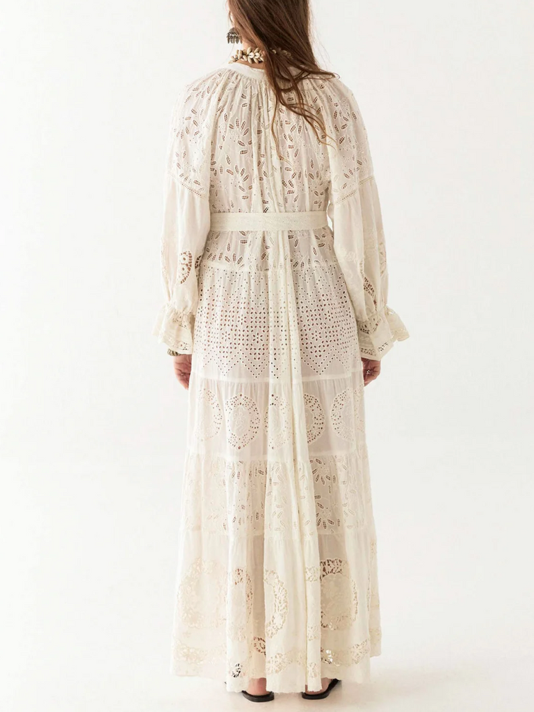 Maison Hotel Lilibet Long Sleeve V-Neck Tiered Maxi Dress in Canterbury Patch Shop Maison Hotel online store shirts pants and dresses in Sydney Australia official stockist Maison Hotel buy Bohemian french style clothing with hand embroidery and vintage style