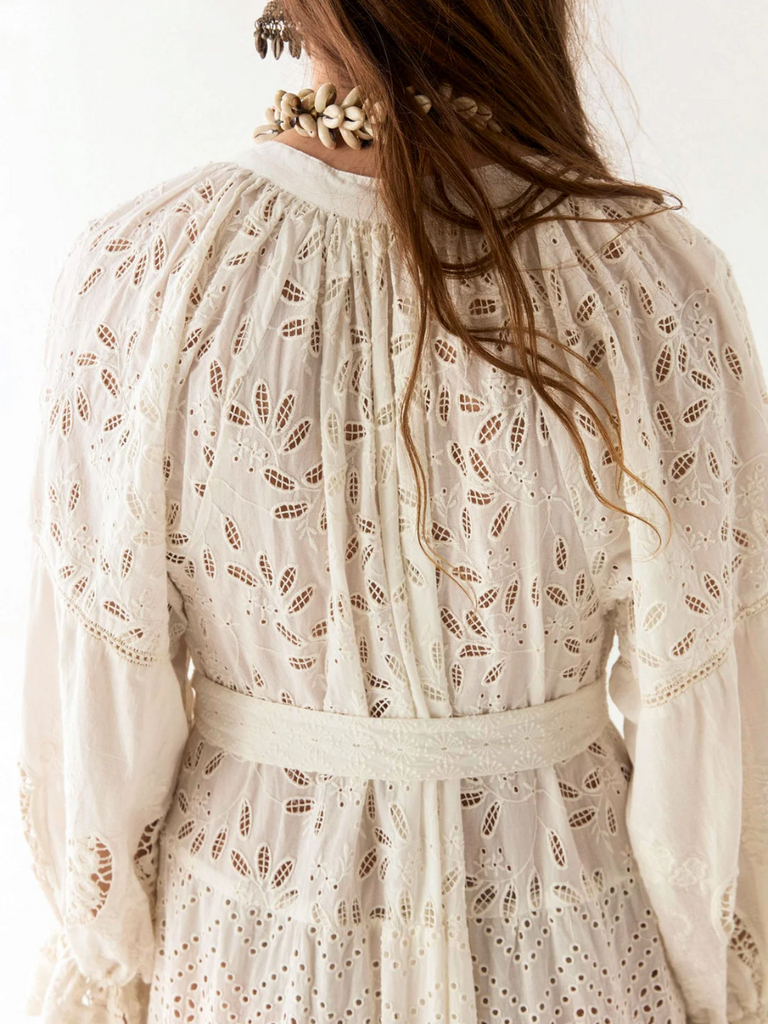 Maison Hotel Lilibet Long Sleeve V-Neck Tiered Maxi Dress in Canterbury Patch Shop Maison Hotel online store shirts pants and dresses in Sydney Australia official stockist Maison Hotel buy Bohemian french style clothing with hand embroidery and vintage style