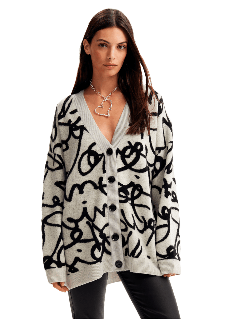 Desigual Long Sleeve Lettering V Neck Oversize Cardigan Shop Desigual Stockist Online Australia Signature of Double Bay Fashion Ethical mature fashion