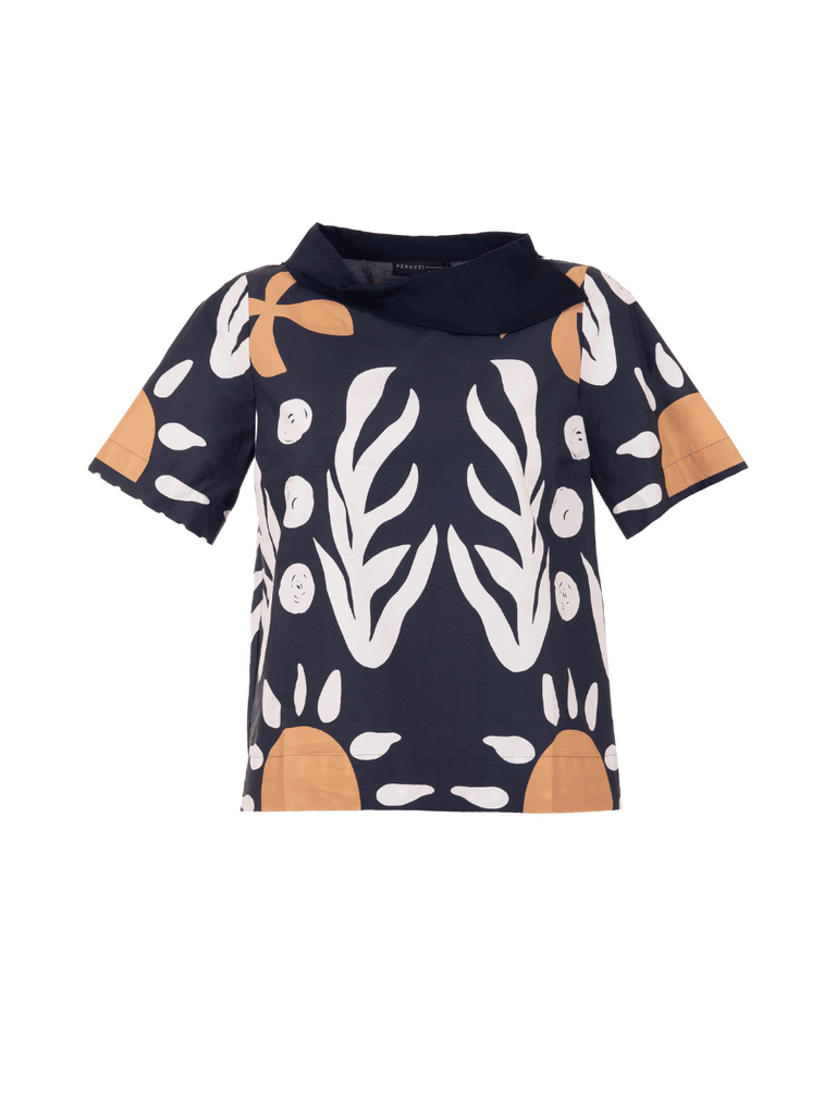 Peruzzi Abstract Print Cotton Top in Navy and Ecru S25114 shop peruzzi, peruzzi fashion, peruzzi stockists, peruzzi stockists australia, peruzzi sydney, peruzzi womens clothing