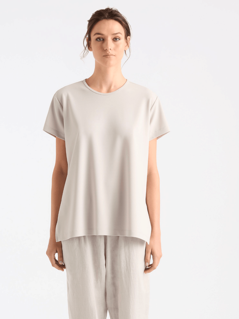 Mela Purdie Short Sleeve Relaxed Fit Chisel Top in Oyster Beige Powder Knit 8385 Mela Purdie Stockist Online Australia Signature of Double Bay Tops Dresses Elegant Clothing