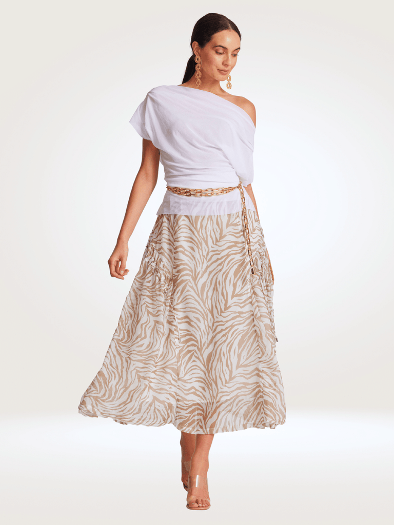 PAULA RYAN Midi Length Arched Tie Skirt in White and Sand Zebra Print 8990A Shop Paula Ryan online Signature of Double Bay fashion boutique official stockist womens mature fashion