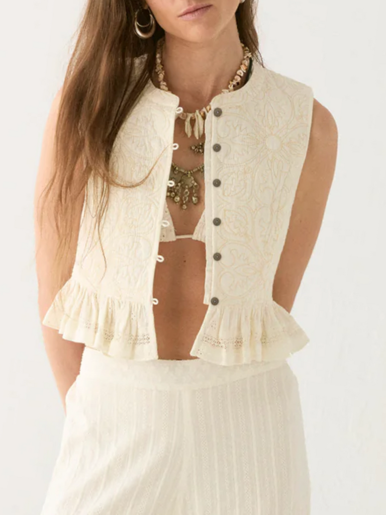 Maison Hotel Sandro Quilted Cotton Embroidered Vest in Tesela Ivory Shop Maison Hotel online store shirts pants and dresses in Sydney Australia official stockist Maison Hotel buy Bohemian french style clothing with hand embroidery and vintage style