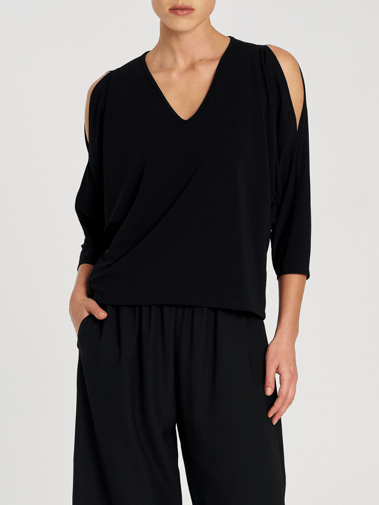 Mela Purdie 3/4 Sleeve Peephole Top in Black Powder Knit 8829 Mela Purdie Stockist Online Australia Signature of Double Bay Tops Dresses Elegant Clothing