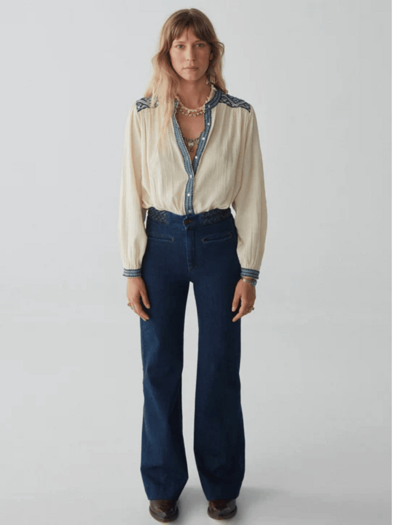 Maison Hotel Beth Blouse in Wandering Sapphire Shop Maison Hotel online store shirts pants and dresses in Sydney Australia official stockist Maison Hotel buy Bohemian french style clothing with hand embroidery and vintage style