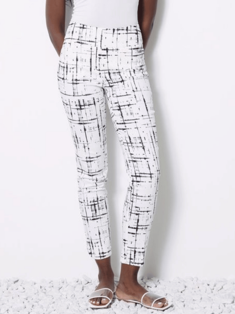 UP! PANTS Tummy Control Petal-Slit Slimming Techno Ankle Pant in Black and White Paint Print Up Pants Tummy control stockist online Australia flattering body contouring shaping pants high rise waistband signature of double bay Sydney fashion