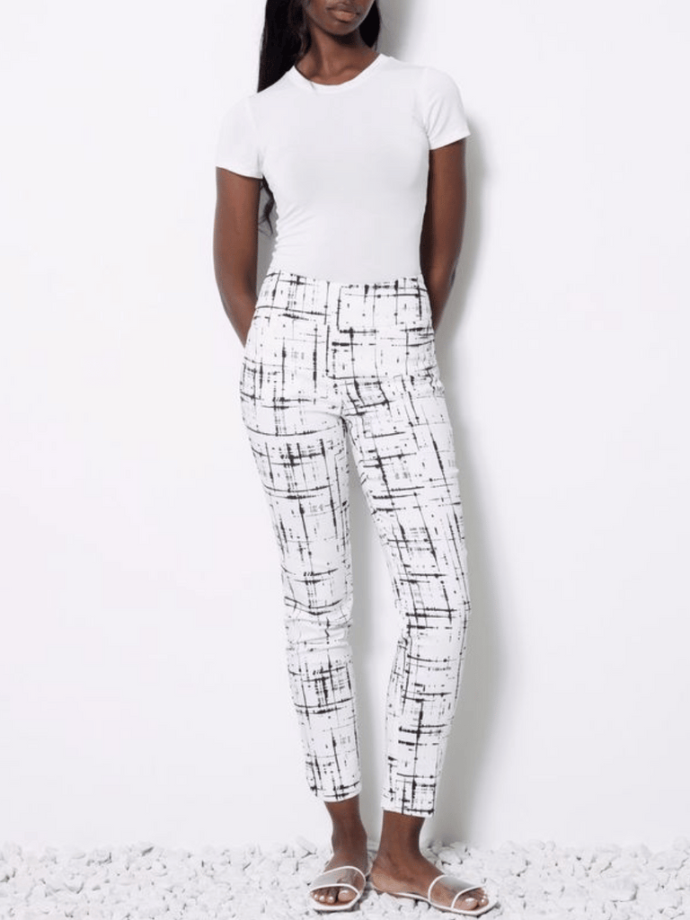 UP! PANTS Tummy Control Petal-Slit Slimming Techno Ankle Pant in Black and White Paint Print Up Pants Tummy control stockist online Australia flattering body contouring shaping pants high rise waistband signature of double bay Sydney fashion