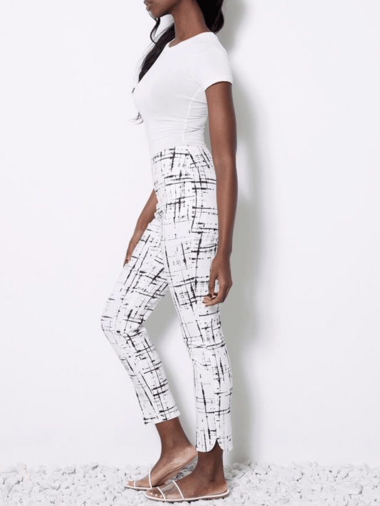 UP! PANTS Tummy Control Petal-Slit Slimming Techno Ankle Pant in Black and White Paint Print Up Pants Tummy control stockist online Australia flattering body contouring shaping pants high rise waistband signature of double bay Sydney fashion
