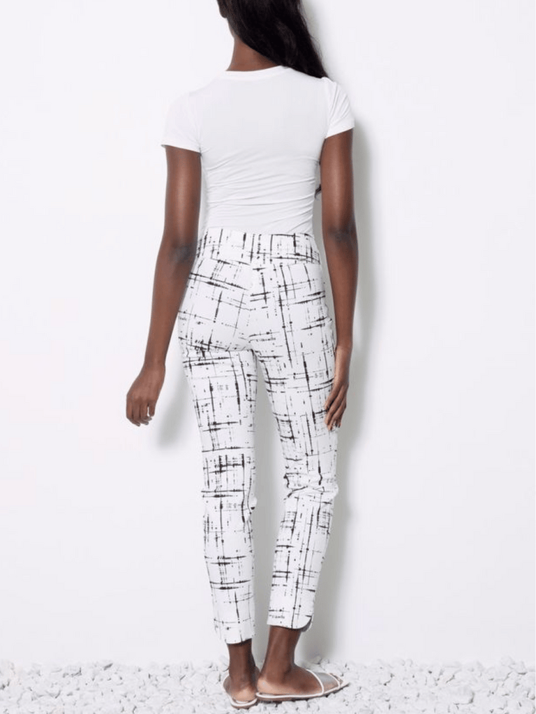 UP! PANTS Tummy Control Petal-Slit Slimming Techno Ankle Pant in Black and White Paint Print Up Pants Tummy control stockist online Australia flattering body contouring shaping pants high rise waistband signature of double bay Sydney fashion