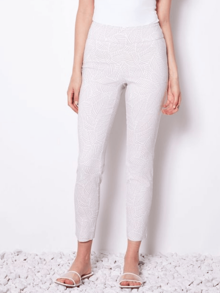 UP! PANTS Tummy Control Ankle Pant 28" in Beige and White Bali Print Up Pants Tummy control stockist online Australia flattering body contouring shaping pants high rise waistband signature of double bay Sydney fashion