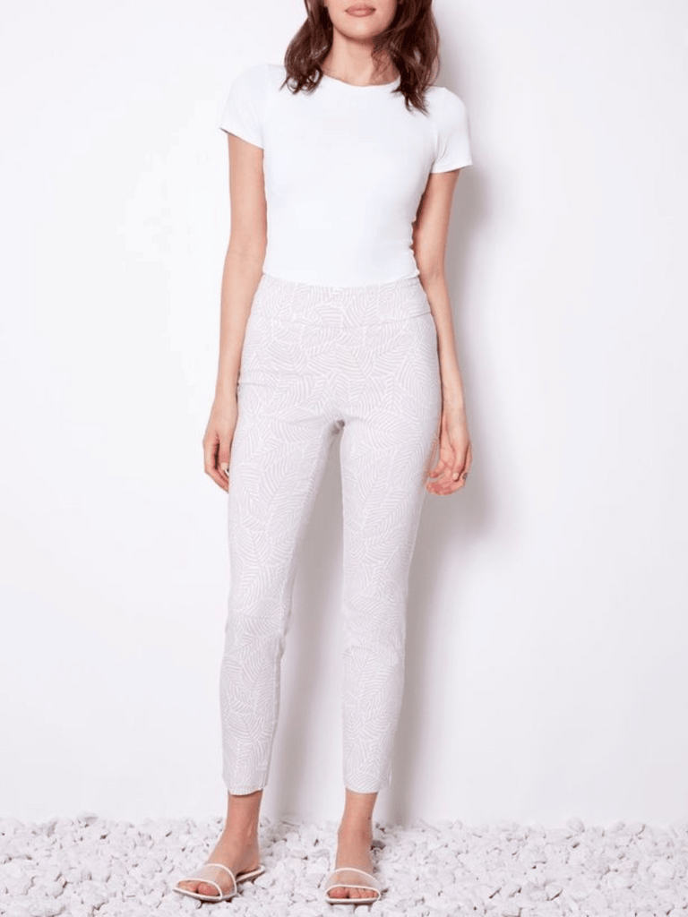 UP! PANTS Tummy Control Ankle Pant 28" in Beige and White Bali Print Up Pants Tummy control stockist online Australia flattering body contouring shaping pants high rise waistband signature of double bay Sydney fashion