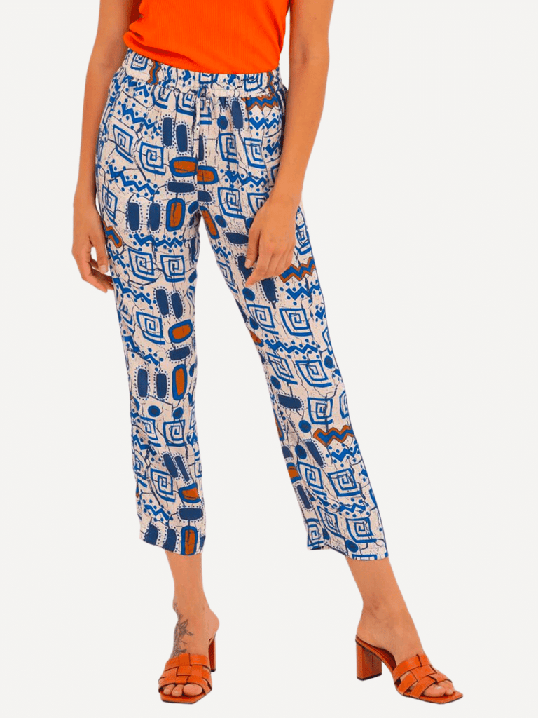 Tinta & Bariloche Printed Cropped Trousers Blue and Orange Geometric Tribal Motif Print Tinta and Bariloche online Australia Shop Tinta Bariloche shorts, dresses, tops online. Signature of Double Bay Fashion Tinta and Bariloche Online