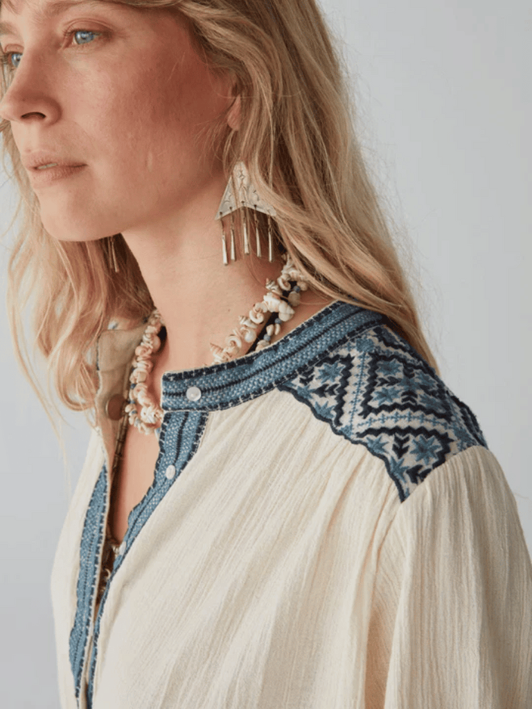 Maison Hotel Beth Blouse in Wandering Sapphire Shop Maison Hotel online store shirts pants and dresses in Sydney Australia official stockist Maison Hotel buy Bohemian french style clothing with hand embroidery and vintage style