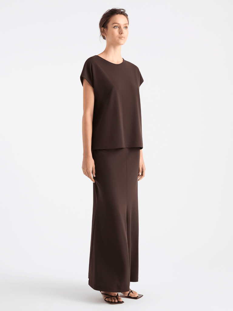 Mela Purdie Midi Four Gore Fit and Flare Flip Skirt in Java Brown 5789 Mela Purdie Stockist Online Australia Signature of Double Bay Tops Dresses Elegant Clothing