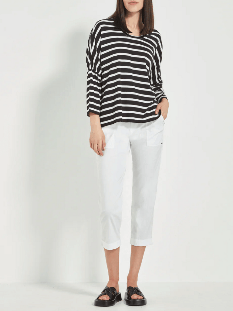 VERGE 3/4 Sleeve Relaxed Fit Sail Top in Black and White Stripe Verge Stockist Online Australia Signature of Double Bay Mature Fashion Acrobat Flattering