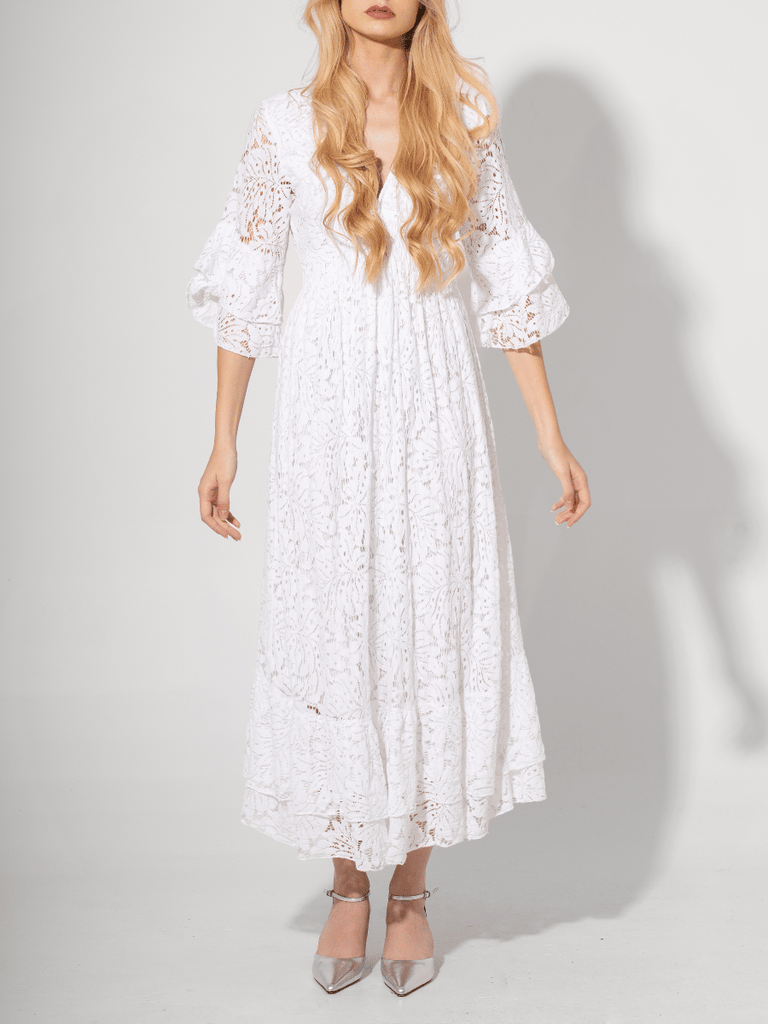 Astrid Long Sleeve Relaxed Fit Stretch Lace Maxi Dress in White Astrid women’s clothing collection feminine, versatile style shop now at Signature of Double Bay Sydney Australia online stockist luxury womens fashion