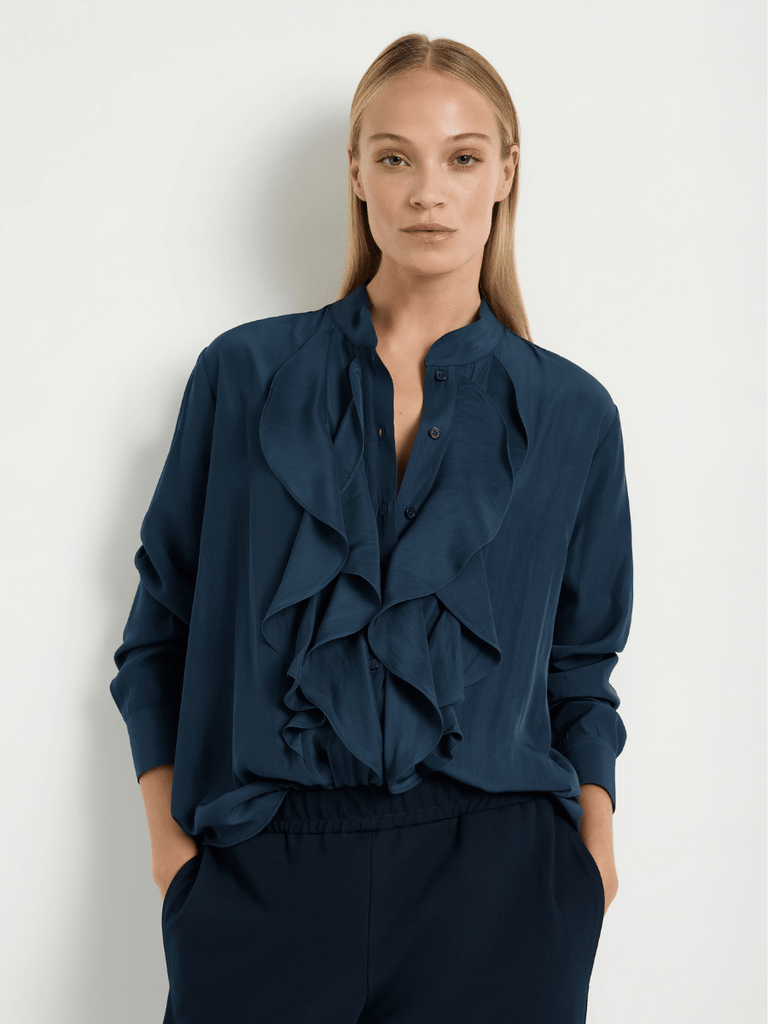 Mela Purdie long sleeve Ripple Blouse in Beluga Navy 8428 Mela Purdie Stockist Online Australia Signature of Double Bay Tops Dresses Elegant Clothing