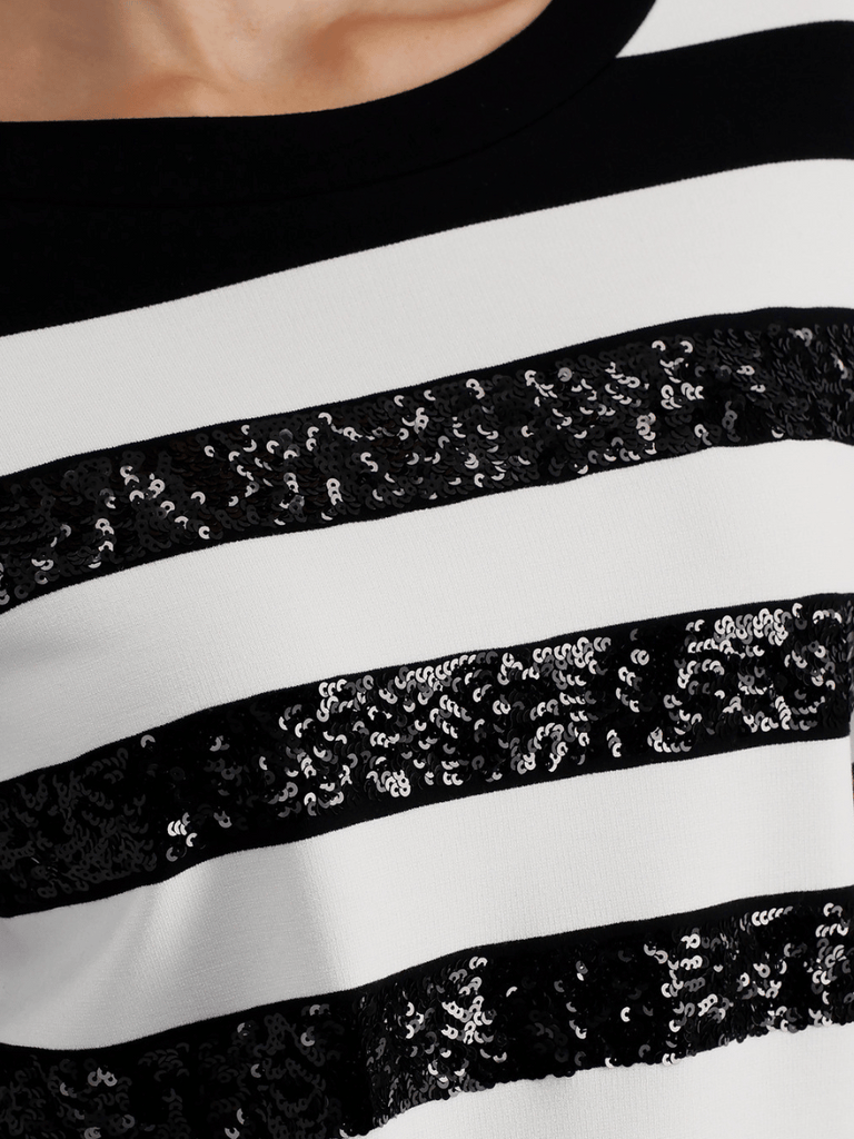 Monari Long Sleeve Sweatshirt with Sequin Highlights in Black and White Block Stripe Discover the Elegant Monari Collection at Signature of Double Bay, Shop Stylish Knitwear, Dresses, and Tops Online from Sydney's Premier Mature Fashion Boutique
