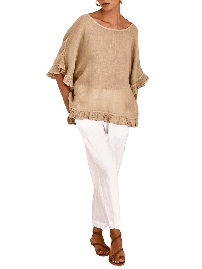 Haris Cotton Linen Gauze Blouse with Ruffles in Sandy Beige. Shop Haris Cotton Australia – Elegant linen clothing and sustainable european women’s fashion at Signature of Double Bay Sydney online and instore. shop natural linen dresses, white linen clothing and summer linen outfits in Sydney