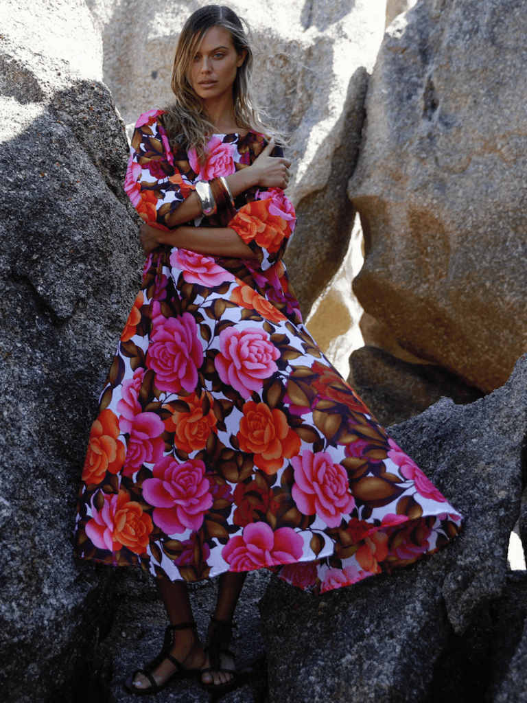 Oneseason Long Jackie Deia Cotton Roses Dress in Pink and Orange Floral Oneseason One Season lightweight and stylish resort wear Australian fashion label official stockist Signature of Double Bay