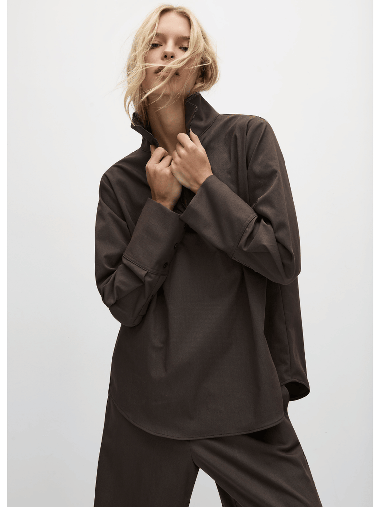 Mela Purdie Half Zip Blouse in Leather Twill 8632 Mela Purdie Stockist Online Australia Signature of Double Bay Tops Dresses Elegant Clothing