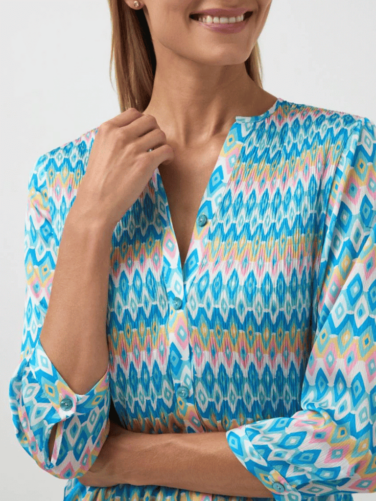 Tinta & Bariloche Long Sleeve Relaxed Fit Caleta Blouse in Turquoise Geometric Print Tinta and Bariloche online Australia Shop Tinta Bariloche shorts, dresses, tops online. Signature of Double Bay Fashion Tinta and Bariloche Online