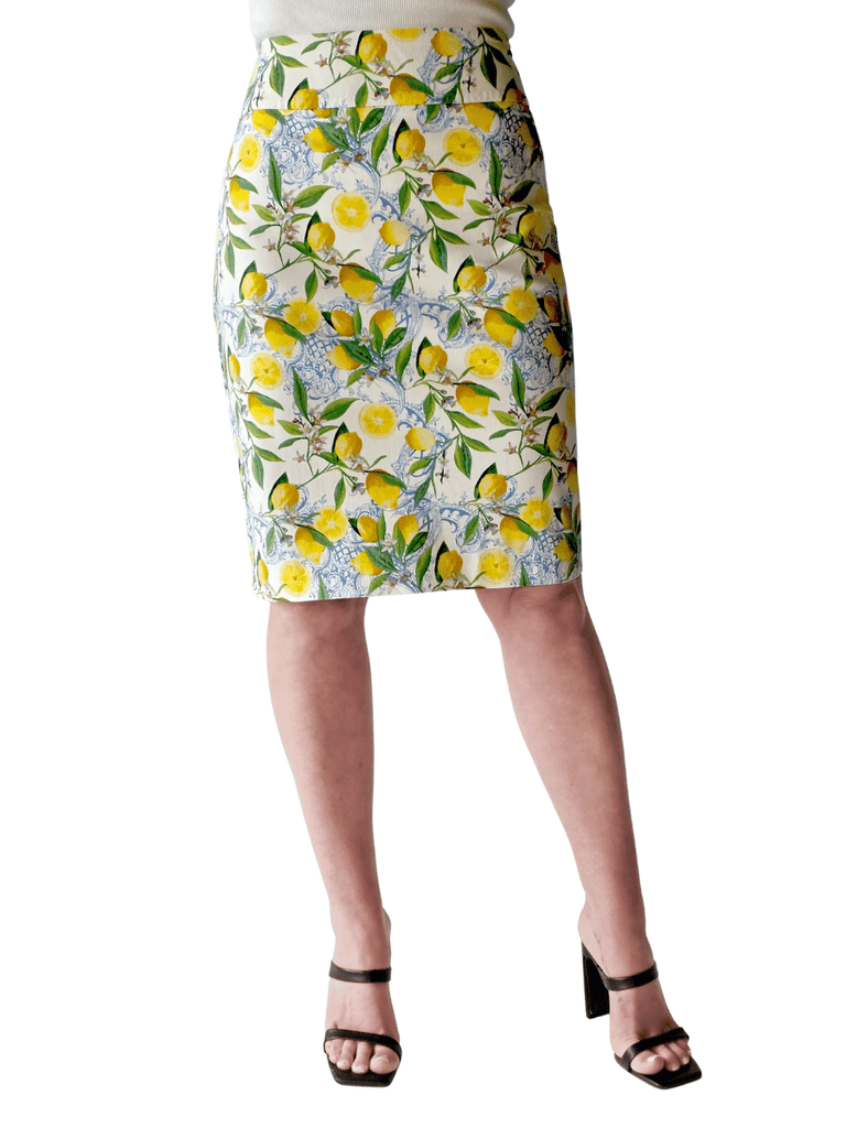 UP! PANTS Tummy Control 22" Skirt in Sicily Lemon Print Up Pants Tummy control stockist online Australia flattering body contouring shaping pants high rise waistband signature of double bay Sydney fashion