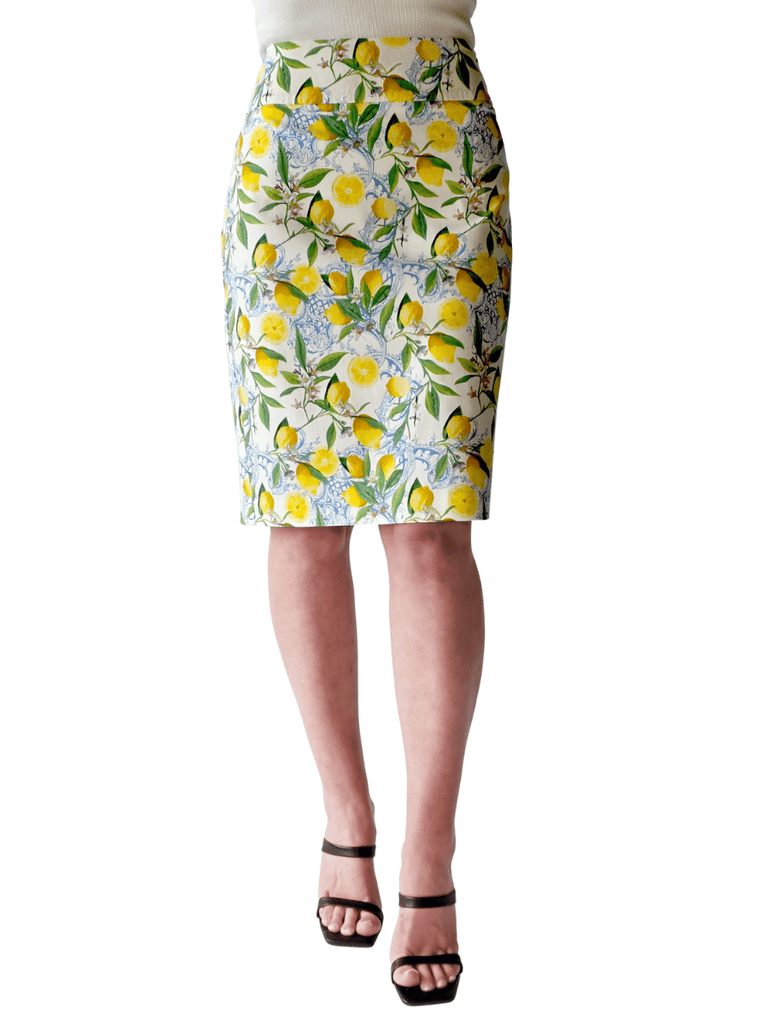 UP! PANTS Tummy Control 22" Skirt in Sicily Lemon Print Up Pants Tummy control stockist online Australia flattering body contouring shaping pants high rise waistband signature of double bay Sydney fashion