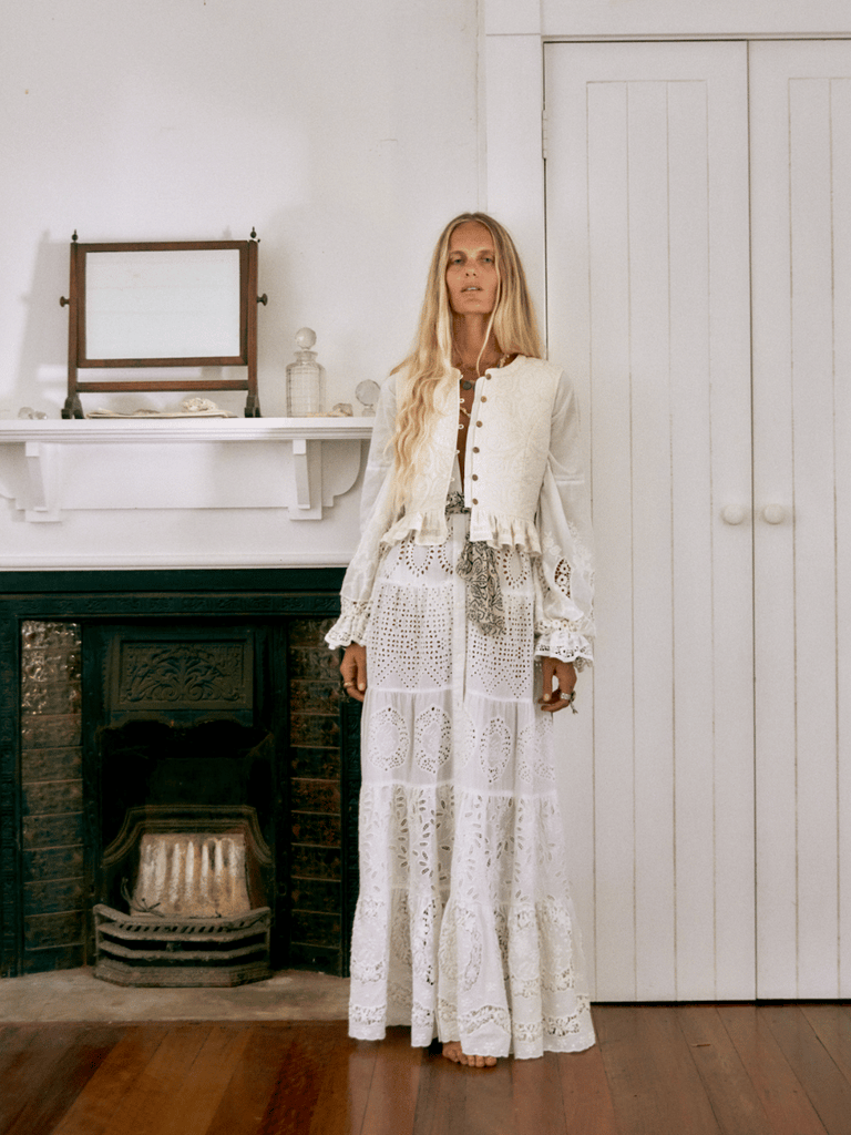 Maison Hotel Lilibet Long Sleeve Maxi Dress Shell Shop Maison Hotel online store shirts pants and dresses in Sydney Australia official stockist Maison Hotel buy Bohemian french style clothing with hand embroidery and vintage style