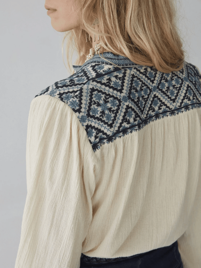 Maison Hotel Beth Blouse in Wandering Sapphire Shop Maison Hotel online store shirts pants and dresses in Sydney Australia official stockist Maison Hotel buy Bohemian french style clothing with hand embroidery and vintage style
