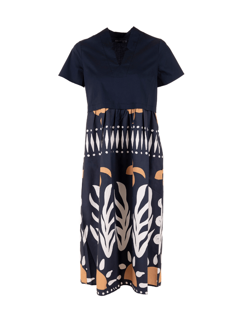 Peruzzi Abstract Print Cotton Midi Dress in Navy and Ecru S25113 shop peruzzi, peruzzi fashion, peruzzi stockists, peruzzi stockists australia, peruzzi sydney, peruzzi womens clothing