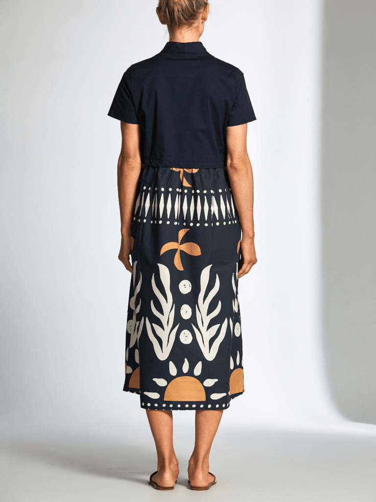 Peruzzi Abstract Print Cotton Midi Dress in Navy and Ecru S25113 shop peruzzi, peruzzi fashion, peruzzi stockists, peruzzi stockists australia, peruzzi sydney, peruzzi womens clothing