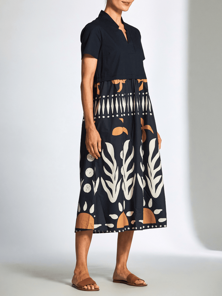 Peruzzi Abstract Print Cotton Midi Dress in Navy and Ecru S25113 shop peruzzi, peruzzi fashion, peruzzi stockists, peruzzi stockists australia, peruzzi sydney, peruzzi womens clothing