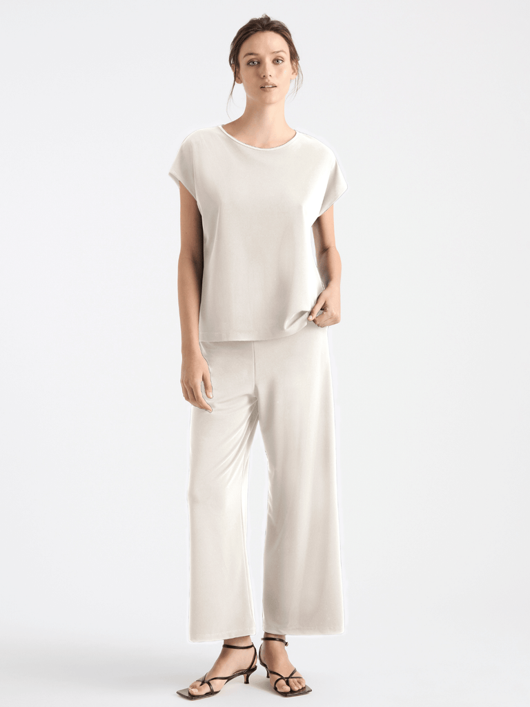 Mela Purdie Wide Leg Palazzo Pant in Oyster Beige Powder Knit 1817 Mela Purdie Stockist Online Australia Signature of Double Bay Tops Dresses Elegant Clothing