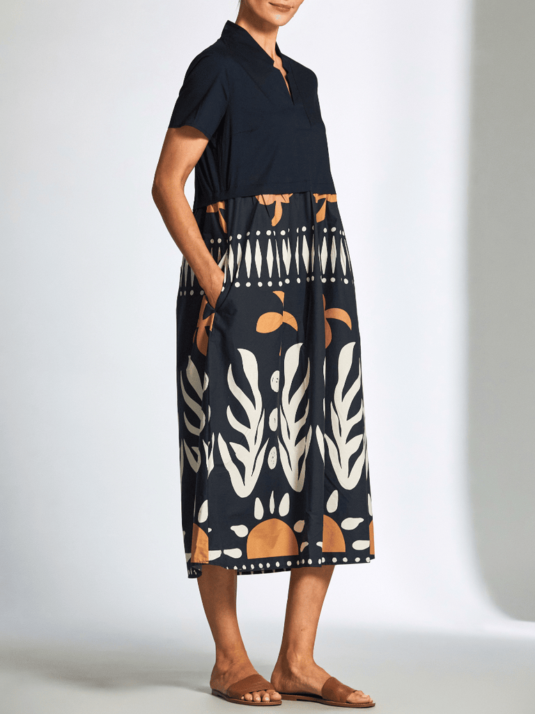 Peruzzi Abstract Print Cotton Midi Dress in Navy and Ecru S25113 shop peruzzi, peruzzi fashion, peruzzi stockists, peruzzi stockists australia, peruzzi sydney, peruzzi womens clothing