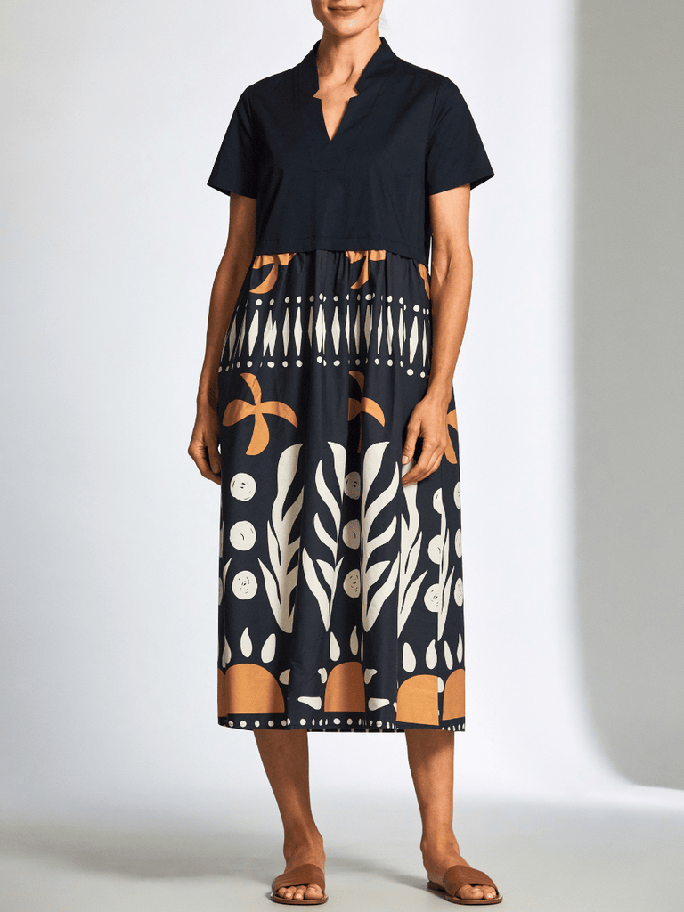 Peruzzi Abstract Print Cotton Midi Dress in Navy and Ecru S25113 shop peruzzi, peruzzi fashion, peruzzi stockists, peruzzi stockists australia, peruzzi sydney, peruzzi womens clothing