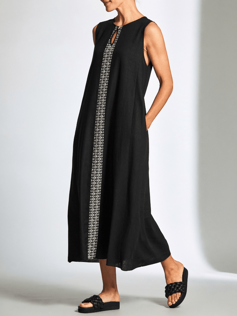 Peruzzi Sleeveless Long Linen Contrast Dress in Black and Cream S25132 shop peruzzi, peruzzi fashion, peruzzi stockists, peruzzi stockists australia, peruzzi sydney, peruzzi womens clothing
