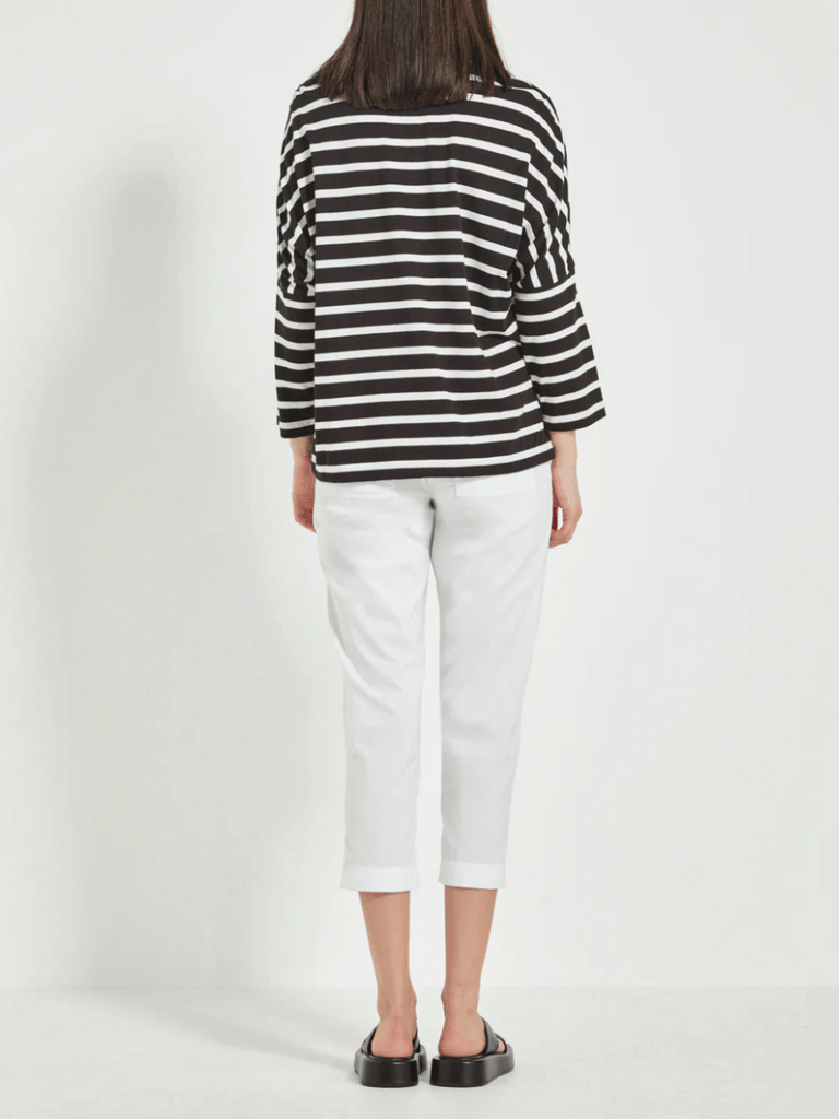 VERGE 3/4 Sleeve Relaxed Fit Sail Top in Black and White Stripe Verge Stockist Online Australia Signature of Double Bay Mature Fashion Acrobat Flattering
