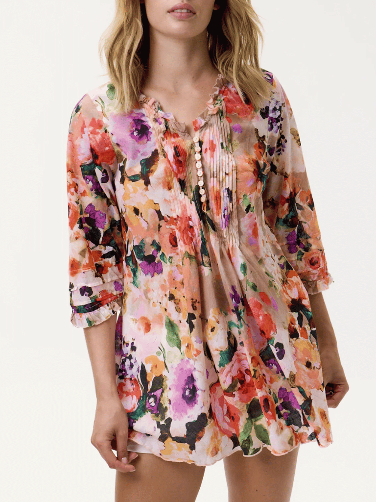 Oneseason 3/4 Sleeve Longline Poppy Top in Soller Floral Print Oneseason One Season lightweight and stylish resort wear Australian fashion label official stockist Signature of Double Bay