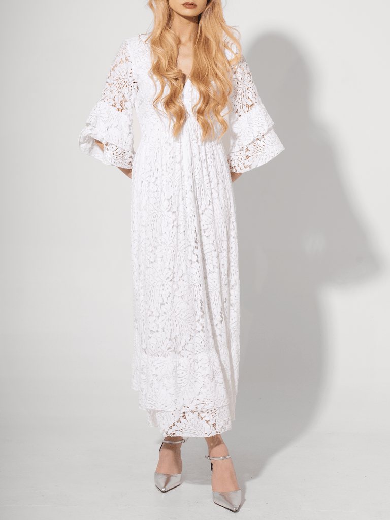 Astrid Long Sleeve Relaxed Fit Stretch Lace Maxi Dress in White Astrid women’s clothing collection feminine, versatile style shop now at Signature of Double Bay Sydney Australia online stockist luxury womens fashion