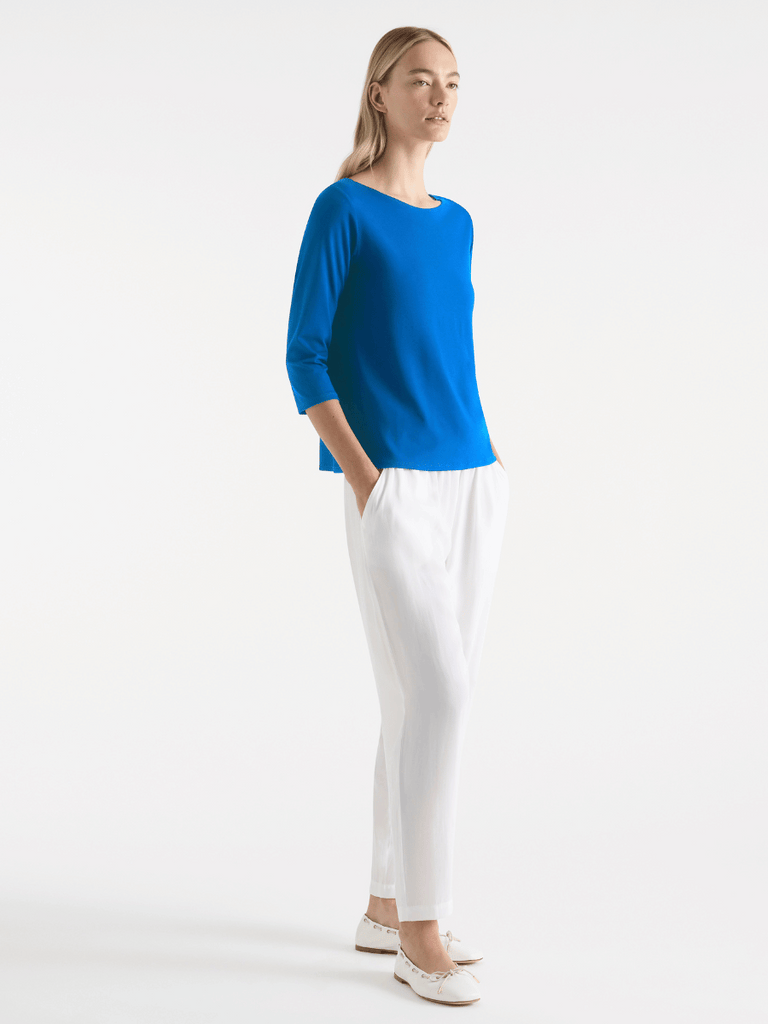 Mela Purdie 3/4 Sleeve Relaxed Boat Neck Top in Topaz Blue 2630 Mela Purdie Stockist Online Australia Signature of Double Bay Tops Dresses Elegant Clothing