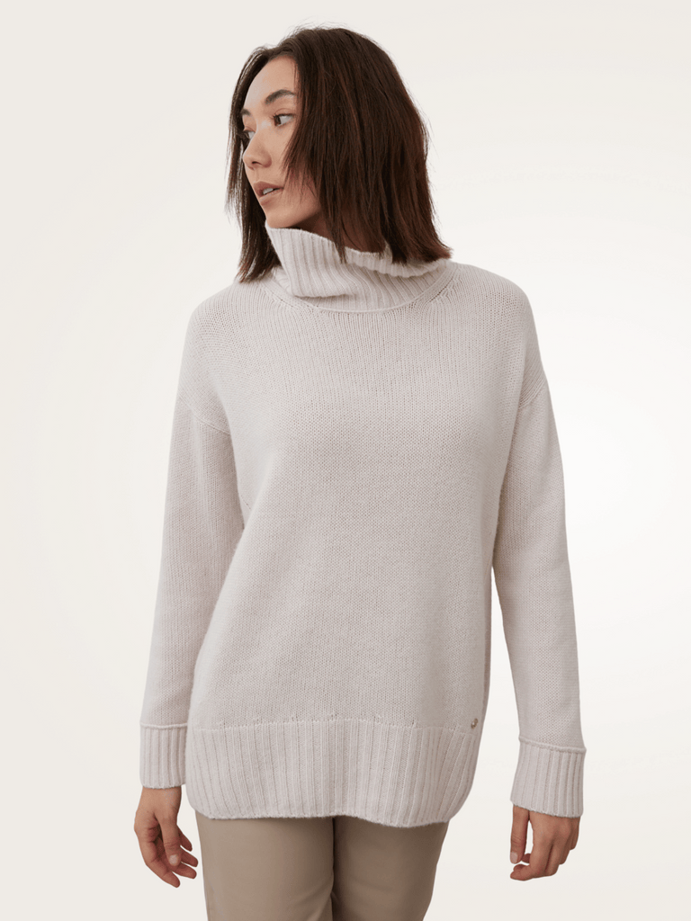 Astrid Funnel Neck Sweater in Buttermilk 21090 made from 100% Mongolian cashmere with a relaxed, oversized fit. mia fratino stockist sydney online signature of double bay cashmere knitwear ethical natural fibres sustainable slow fashion sweaters