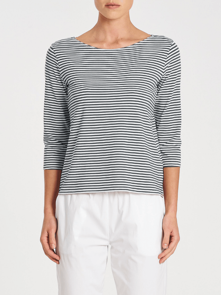 Mela Purdie 3/4 Sleeve Relaxed Boat Neck Top in Navy and White Yacht Stripe Jersey 2630 Mela Purdie Stockist Online Australia Signature of Double Bay Tops Dresses Elegant Clothing