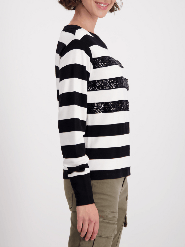 Monari Long Sleeve Sweatshirt with Sequin Highlights in Black and White Block Stripe Discover the Elegant Monari Collection at Signature of Double Bay, Shop Stylish Knitwear, Dresses, and Tops Online from Sydney's Premier Mature Fashion Boutique