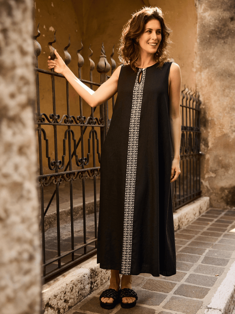 Peruzzi Sleeveless Long Linen Contrast Dress in Black and Cream S25132 shop peruzzi, peruzzi fashion, peruzzi stockists, peruzzi stockists australia, peruzzi sydney, peruzzi womens clothing