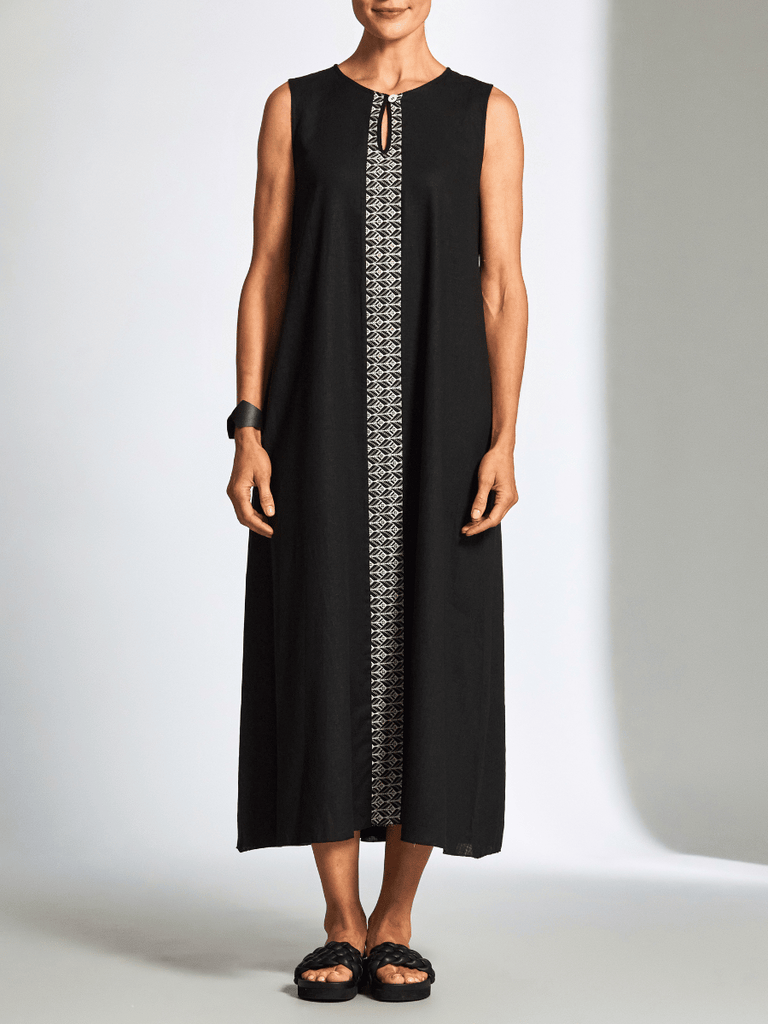 Peruzzi Sleeveless Long Linen Contrast Dress in Black and Cream S25132 shop peruzzi, peruzzi fashion, peruzzi stockists, peruzzi stockists australia, peruzzi sydney, peruzzi womens clothing