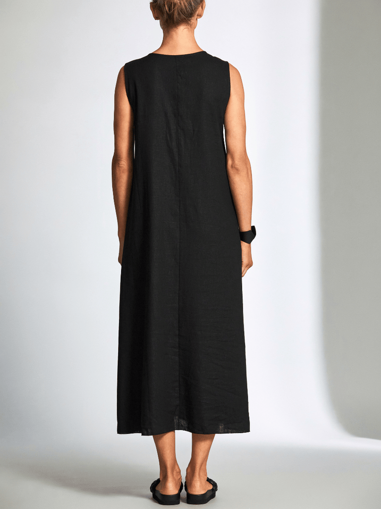 Peruzzi Sleeveless Long Linen Contrast Dress in Black and Cream S25132 shop peruzzi, peruzzi fashion, peruzzi stockists, peruzzi stockists australia, peruzzi sydney, peruzzi womens clothing