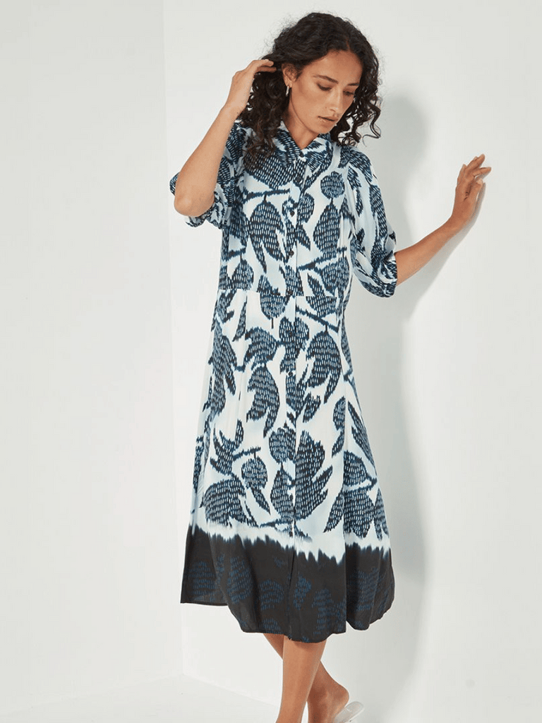 VERGE Sovereign Collared Button-Through Dress in Navy Print Verge Stockist Online Australia Signature of Double Bay Mature Fashion Acrobat Flattering