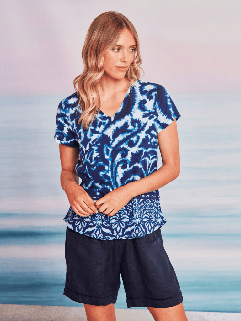VERGE Oakfield Top in Blue Print 8948 Verge Stockist Online Australia Signature of Double Bay Mature Fashion Acrobat Flattering