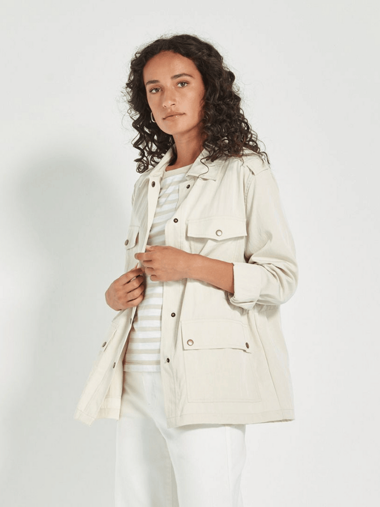 VERGE Outlaw Utility Long Sleeve Jacket in Cream Verge Stockist Online Australia Signature of Double Bay Mature Fashion Acrobat Flattering
